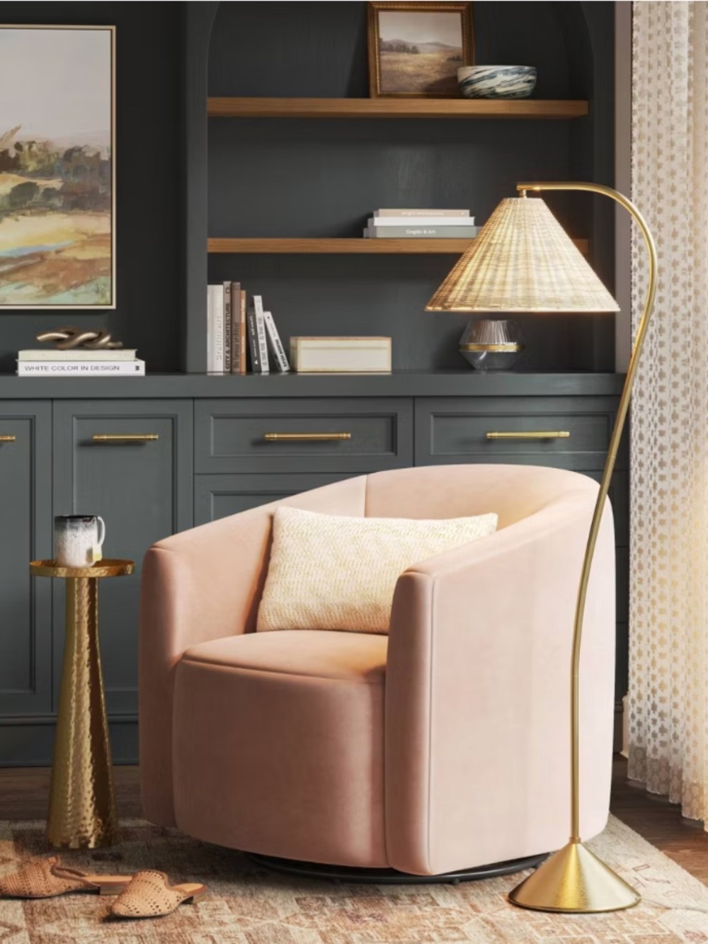 NIB Target Threshold Gooseneck Floor Lamp with Rattan Shade Brass Base